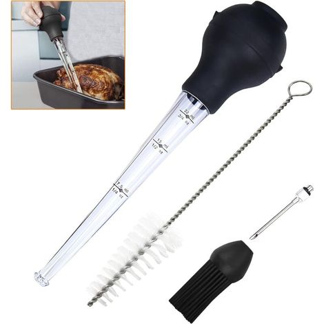Siringa per carne, siringa per salsa barbecue di pollo e tacchino con spazzola per la pulizia, spazzola in silicone e ago iniettore, pipetta per barbecue, manzo, pancetta, pollo, maiale, tacchino (ner