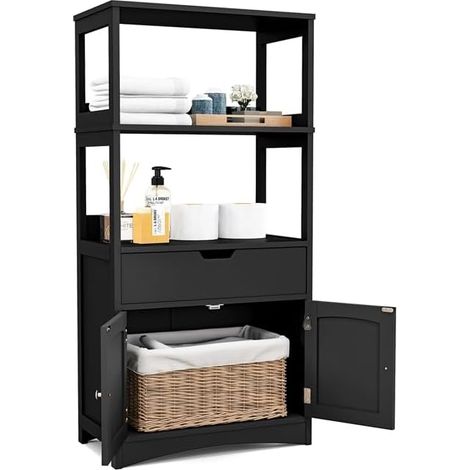 COSTWAY Freistehender Badezimmerschrank, Hochschrank für Bad mit 2 Türen & 3 offenen Regalen & Schublade, moderner Mehrzweckschrank Küchenschrank für Bad Küche Wohnzimmer (Schwarz) (1/5)