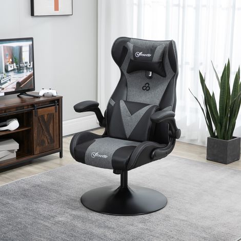 Chaise de gaming ergonomique avec base ronde hauteur réglable accoudoir relevable coussins tétière et lombaires PU gris noir - Modèle