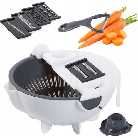 Coupe-légumes multifonction 3 en 1 avec bol passoire – Râpe manuelle avec 5 lames interchangeables, trancheuse légumes et fruits, éplucheur inclus – Blanc (1/5)