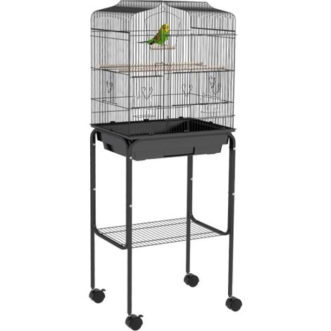Black Bird Cage for Budgies,Finches,and Parakeets with Stand,Wheels,Slide-out Tray,and Storage Shelf Accessories (1/5)