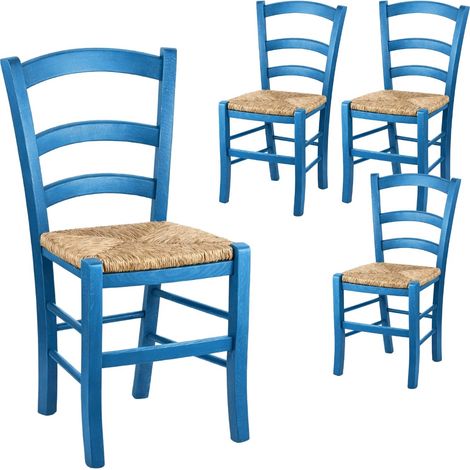 4 Sedie paesana in legno Azzurra con seduta in paglia - Misura 43x42x86 cm - Sedia tradizionale robusta - Per casa, cucina, agriturismo e ristorante (1/5)
