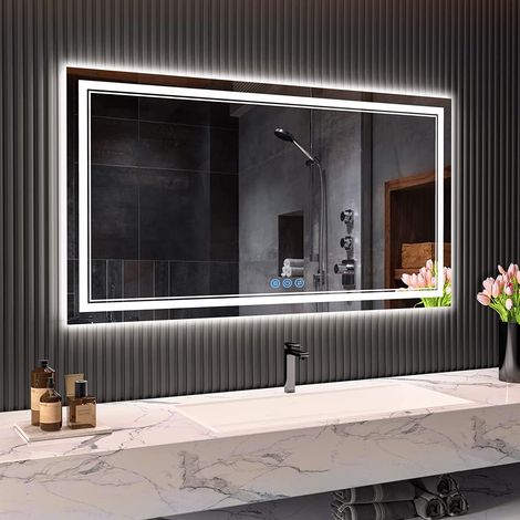 Miroir de Salle de Bain, avec éclairage, 120 x 70 cm, Miroir Mural et Interrupteur Tactile, IP65 LED, avec Fonction mémoire, 3 températures de Couleur, Horizontale/Verticale, Verre trempé HD (1/5)