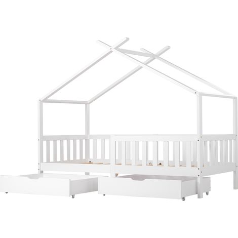CAIziLit maison pour enfant, avec 2 tiroirs, en bois massif avec barrière et sommier à lattes, pour chambre d’enfant et d’adolescent avec protection antichute, blanc (200x90 cm) (1/5)
