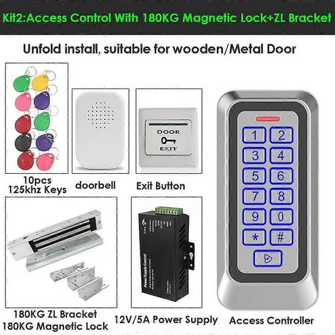 Kit de contrôle d'accès RFID étanche IP67 avec clavier métallique indépendant, serrure électronique et bouton de sortie (2 pièces). (1/5)