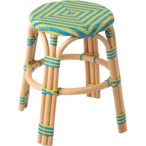 Tabouret en Rotin "Geo" 46cm Jaune & Bleu (1/5)