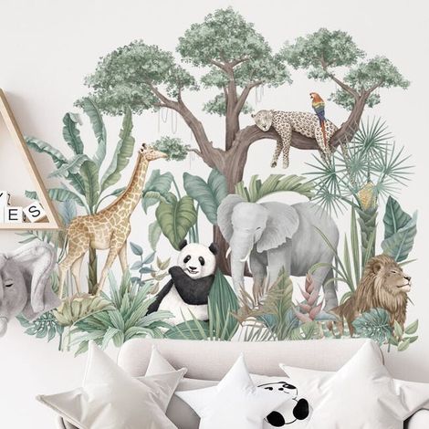 Stickers muraux enfants - Déco chambre bébé - Autocollants muraux Animaux de la savane - 74x65cm - Kit déco adhésif pour chambre d'enfant (1/4)
