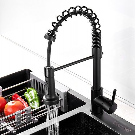 Robinet Cuisine Noir, Mitigeur Cuisine Avec Douchette Pivotant à 360° d'Évier à Arc Élevé Pulvérisateur Escamotable 2 Modes--G1/2 (1/4)