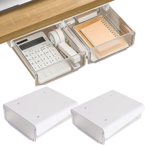 OSPNIEEK organiseur de tiroir sous bureau autocollant, lot de 2, grand rangement coulissant caché sous table, monté, plateau porte-crayon de bureau, tiroirs pour bureau, maison, école, papeterie, cuis (1/5)