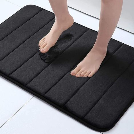 Tapis de bain en mousse à mémoire de forme, 60 x 40 cm, ultra doux et antidérapant, absorbant et lavable en machine, pour salle de bain, douche et baignoire, noir (1/4)