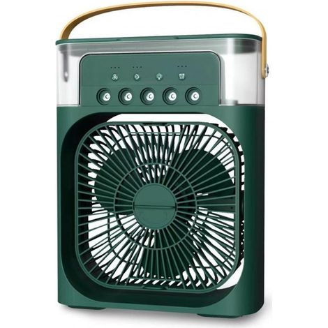 Mini climatiseur portable et ventilateur de refroidissement par évaporation – 3 vitesses de ventilation, 5 modes de pulvérisation, réservoir d'eau de 600 ml et éclairage LED 7 couleurs (vert) (1/3)