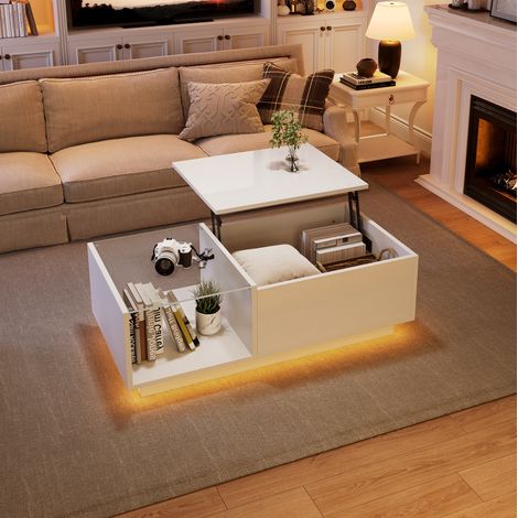Couchtisch Weiß aus Spanplatte Hochglanz 100 cm mit höhenverstellbarer Platte, Stauraum und APP-LED (1/5)