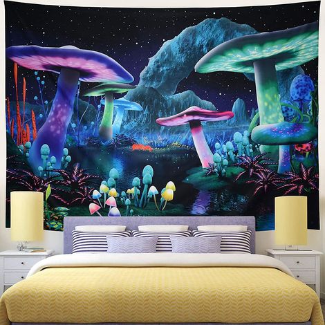 Psychedelischer Wandteppich mit Pilzmotiven, Fantasie-Wandteppich mit Pflanzenmotiven, Weltraum-Wandteppich, Sternen-Wandteppich