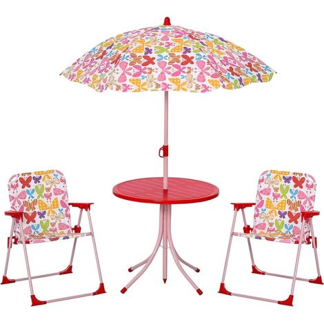 TrAdE Shop Traesio - Set Tavolo Sedia Bistrot Per Bambini Motivo Farfalla Giardino Cortile Con Ombrellone 529027 - (1/5)