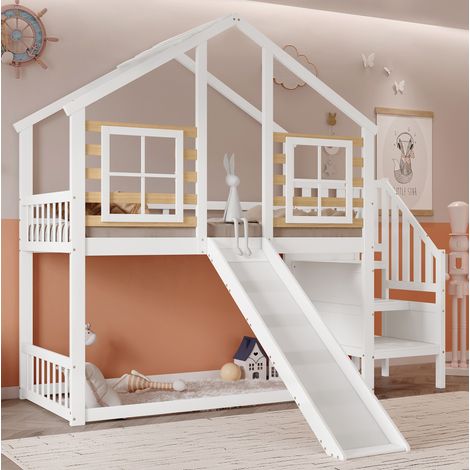 Lit superposé cabane avec toboggan et escalier 90x200 cm, bois massif et MDF, blanc et naturel, fenêtres et barrière de sécurité (1/5)