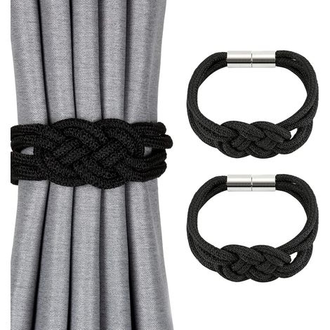 Set mit 2 magnetischen Vorhang-Raffhaltern im nordischen Stil, dekorative Raffhalter aus gewebtem Seil für Fenstervorhänge zu Hause und im Büro (schwarz)