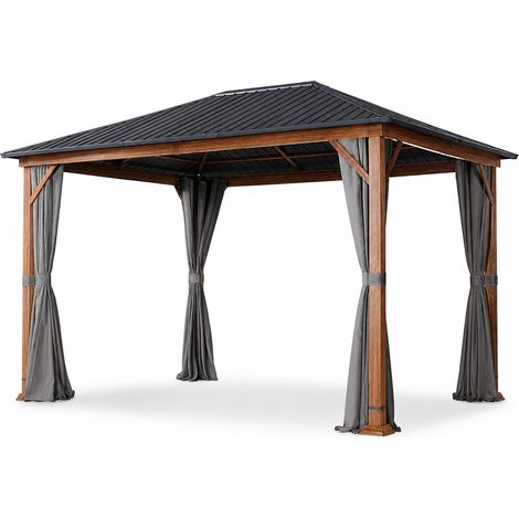 Gazebo Da Esterno 3x4 Metri Con Tetto In Acciaio Zincato Struttura Con Effetto Legno E Tende Laterali Impermeabili Per Patio Terrazza E Outdoor 300 x 400 x 295 Cm Effetto Legno E Grigio