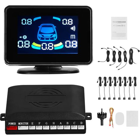 Capteur de stationnement de voiture Système de radars de recul Support avant arrière Avertissement sonore/Buzzer/Muet avec 8 capteurs Détection de distance Écran LCD Volumes réglables (1/5)