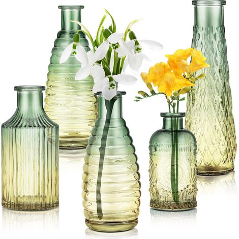 Lot de 5 Petits Vases à Bourgeons en Verre Gaufré, Coloré Mini Vase Décoratif Rustique Vintage de Vert et Ambre,Soliflore en Verre Fleur Decoration pour Mariage,Bureau, Maison, Chambre,Salon (1/5)