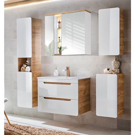 Badezimmer Set in Hochglanz weiß, Wotan Eiche Nb. LUTON-56 mit 81 cm Keramik-Waschtisch & LED-Spiegelschrank B/H/T ca. 181/195/46 cm (1/5)