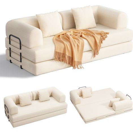 Canapé Convertible 2 Places en Velours Côtelé Bealife Canapé-lit Modulaire Structure Métallique Sans Installation avec Accoudoir Coussin pour Salon Chambre Beige 200 x 100 x 70 cm