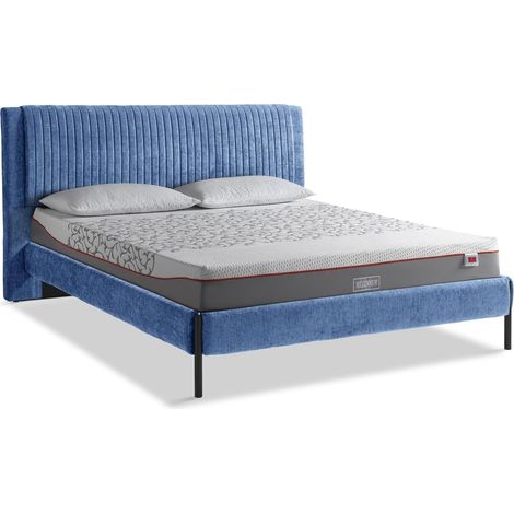 EVERGREENWEB - Letto Matrimoniale con Materasso Memory Foam + 2 Cuscini GRATIS, Rete a 26 Doghe in Legno 160x195cm, Elegante Testiera Imbottita a Strisce in Velluto Blu, MIAMI (1/5)