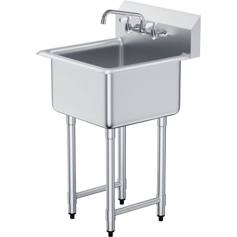 Évier professionnel 1 bac en inox avec robinet et pieds, 533,4 x 1041 mm, lavabo sur pied pour garage, restaurant, cuisine et buanderie (1/5)