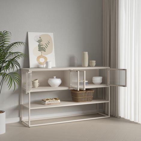 Credenza Bassa Säkylä con Ante in Vetro Scanalato 150x38x90 cm color Cammello [en.casa]