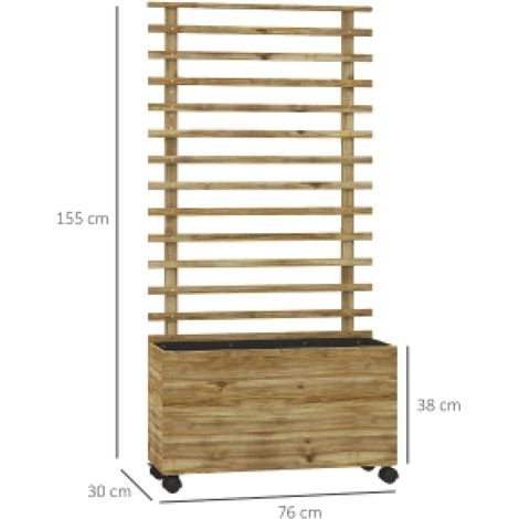 Bac de culture sur roulettes avec treillis en bois massif 76 x 30 x 155 cm, doublure textile anti-érosion, avec freins, pour plantes grimpantes, jardin, terrasse et intérieur