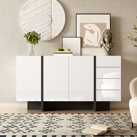 Buffet 150x40x80.5 cm blanc et noir en MDF et panneaux de particules avec 2 portes et 4 tiroirs (1/5)