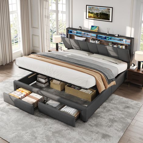 5FT King Upholstered Bed Frame with Hydraulic and Drawers Storage, LED Adjustable Headboard with Charging Station and Concealed Headboard Storage, Linen, Grey (No Mattress)