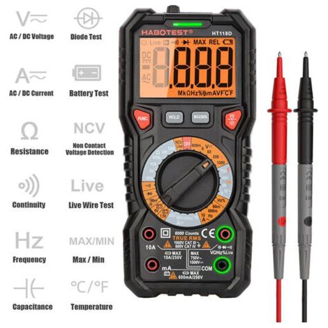 Multimètre Automatique Numérique TRMS 6000 Points (Guide de Bornes LED), Testeur Electrique Professionnel, Température Capacimètre Tension/Courant AC DC Résistance/Fréquence et Température (1/4)