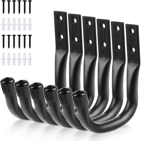 Lot de 6 Crochets de Rangement pour Echelle de Garage, Crochet Mural Garage, Support Velo Mural Noirs, Crochets Muraux Robustes, Crochets en J pour Outils de Jardin, Vélo, Chaises Piantes (1/5)