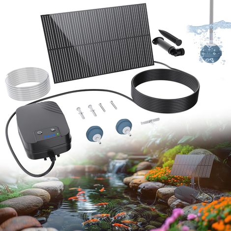 Aérateur de bassin solaire - Pompe à oxygène avec batterie 1500 mAh - Panneau en verre de 2 W - Tuyau de 3 m - IPX5 - Silencieux - Pompe à air solaire pour étang de jardin, citerne d'eau de (1/5)