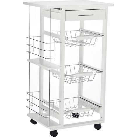 Chariot de Service Cuisine Multi-Rangements, 3 Paniers Métal Tiroir 2 Range-Bouteilles Bois Pin Blanc