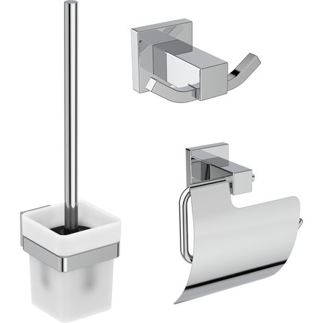Accessoir Bundle Bad-Accessoires Set IOM SQUARE bestehend aus doppelter Handtuchhaken, Papierrollenhalter und Bürstengarnitur, Chrom (1/5)