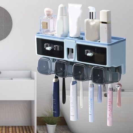 Zahnbürstenhalter, Mundspülbecher, wandmontierte Badezimmer-Aufbewahrungsbox, kein Bohren erforderlich, Set mit vier blauen Bechern (1/5)