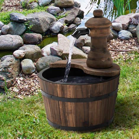 Outsunny Fontaine de Jardin tonneau Pompe à Eau Submersible Incluse Ø 27 x 37H cm Bois de pin Marron