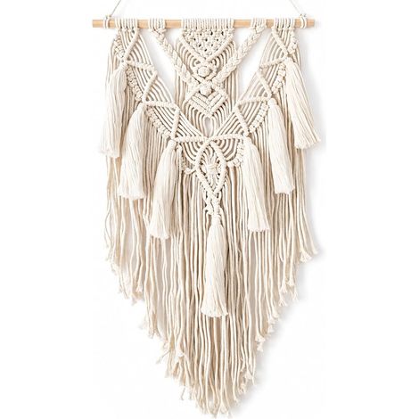 Tapisserie murale en macramé - Décoration murale bohème - 70 cm (l) x 40 cm (L) - En coton tissé - Avec pompons - Pour appartement, chambre à coucher, balcon (1/5)