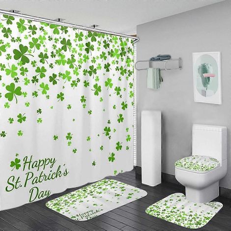 Ensemble de salle de bain 4 pièces pour la Saint-Patrick, motif printemps porte-bonheur avec trèfle, comprenant un rideau de douche, un tapis et des accessoires. (1/3)
