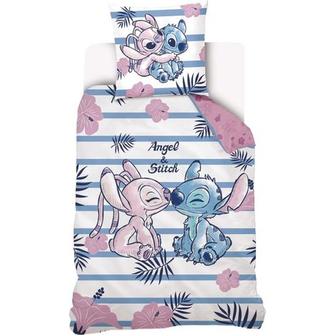 Disney - Housse de Couette Disney Angel & Stitch + Taie d'oreiller 63x63 cm - 100% Coton - Rose - 200 x 140 cm