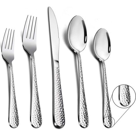 30-teiliges Edelstahl-Besteckset für 6 Personen, gehämmerter Griff, hochglanzpoliert und spülmaschinengeeignet – ideal für Familie, Camping und Catering