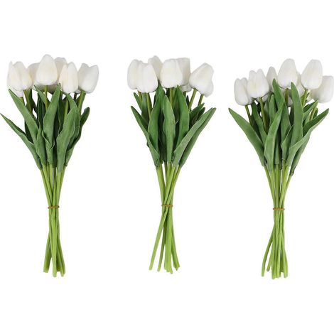 30 tulipes artificielles réalistes au toucher, fausses tulipes de Hollande en PU, bouquet de fleurs en latex, tulipes blanches (blanches) (1/5)
