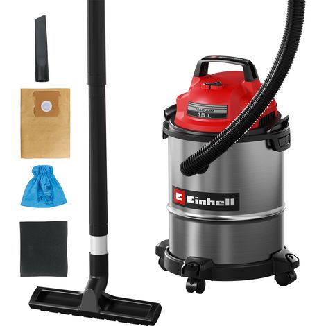 Einhell Aspirador en seco y húmedo TC-VC 1540 S (900 W, 180 mbar de Potencia de aspiración, Recipiente de Acero Inoxidable de 15 l, Ruedas, Soporte de Accesorios, Incl. Diversos filtros y boquillas)
