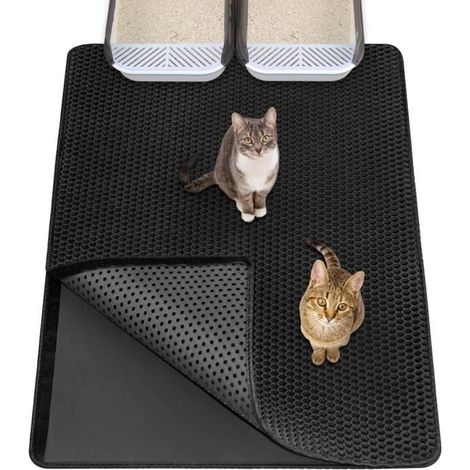 Tapis pour bac à litière pour chat - Très grand - Noir - 90 x 60 cm - Imperméable - Motif alvéolé (1/4)