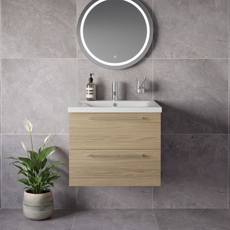 Napoli 460 Light Oak 600mm Wall Mounted 2 Drawer Vanity Unit with Glide Basin - 600mm - Chrome 320mm Handle