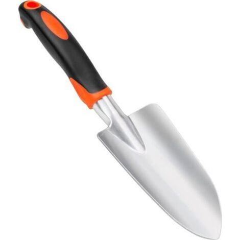 Petite pelle de jardin manuelle avec une poignée orange ergonomique - B, adaptée pour planter, transplanter, désherber et ameublir le sol. (1/4)