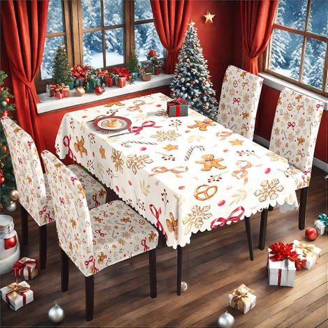 Ensemble nappe et housses de chaises imprimé bonhomme en pain d'épice pour Noël 2025 (Ensemble complet de housses de chaises en soie de lait) TC-248 (140 x 210 cm, imperméable) (1/4)