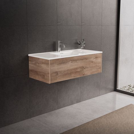 Inda - Badezimmerschrank 1 Schublade L.100 mit glänzendem Waschbecken / Natureiche - Diamante (1/5)