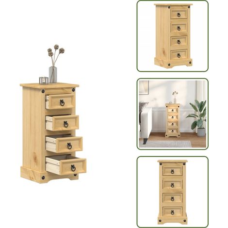 The Living Store Comodino Corona 35x32,5x74 cm in Legno Massello di Pino - Comodino con cassetti